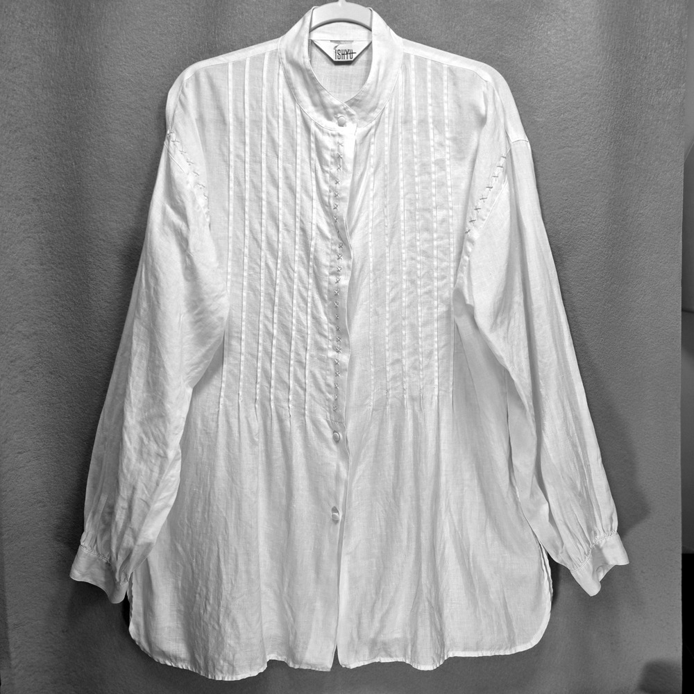 Ishyu All Linen Pintuck Pleated Button Blouse Mandarin Collar Sz 12 White Preppy
